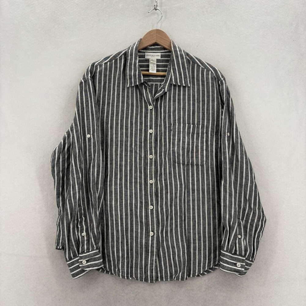 Jones New York Shirt Womens XL Gray Stripe Long Sleeve Linen Button Up Casual